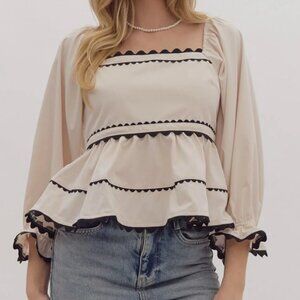 Women Entro Ric Rac Peplum Babydoll Square Neck Top Bohemian Cream Size Medium